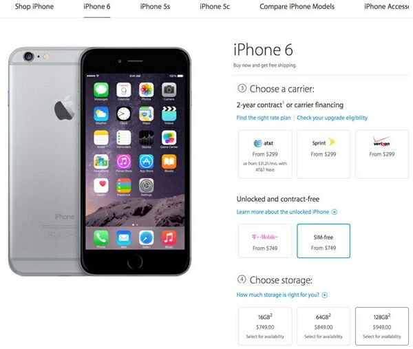 В США стартовали продажи «разлоченных» версий iPhone 6 и iPhone 6 Plus